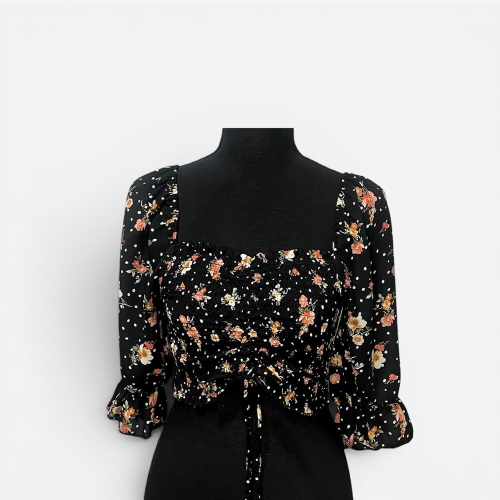 Y2K Floral Polka Dot Milkmaid Ruched Smocked Black Crop Top | Small